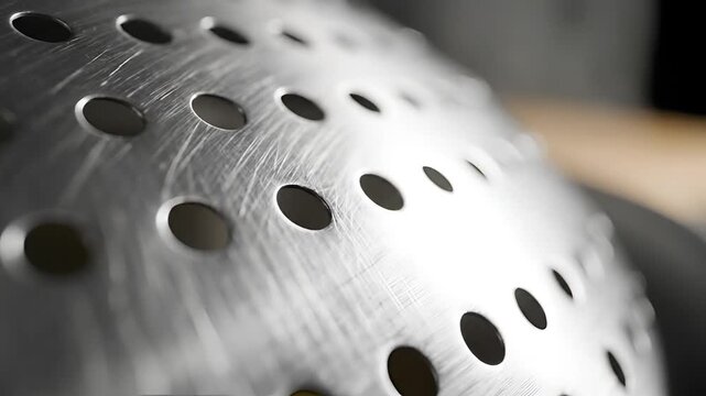 Closeup of a perforated metal surface with circular holes.
