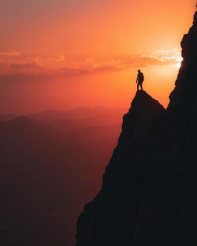 山頂に立つ人のシルエットが夕焼け空に映えている風景。自然や冒険、挑戦をテーマにした背景や挿絵に最適な素材