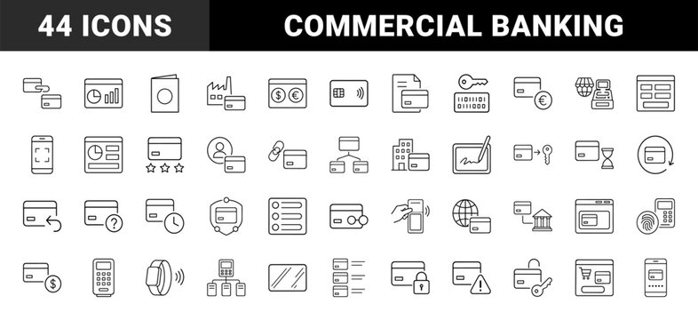 Banking finance line icon set. Vector pictograms of checkout, transaction, terminal, and account elements, thin linear illustration.