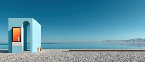 Naklejka premium A geometric blue structure with an orange screen set against a serene backdrop of sea and mountains