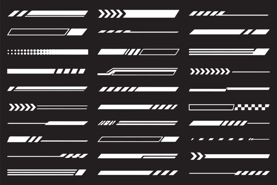Set of modern black and white vector racing stripes and car decals for vehicle design. Futuristic cyan racing stripe decal set with dynamic geometric patterns on black background