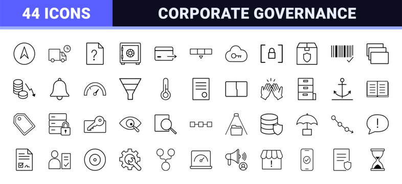 Risk management framework line icon set. Vector pictograms of compliance, governance, assessment, and mitigation elements, thin linear illustration.