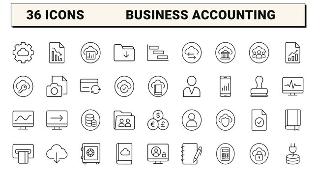 Cloud accounting line icon set. Vector pictograms of financial, banking, bookkeeping, and digital ledger elements, thin linear illustration.