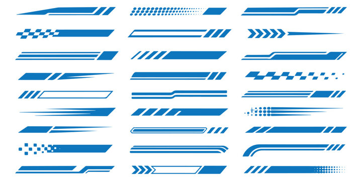 Racing speed lines and race car stripes set. Checkered flag, start and finish line, motocross labels, dynamic lines, motorsport, racing stripe, sport decals, tuning stickers, speed motion banner