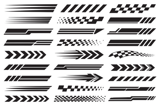 Set of black sports racing stripes and chevron arrow decals for vehicle tuning. Dynamic geometric patterns for car, motorcycle, and boat stickers isolated on a white background. Race flag checker line