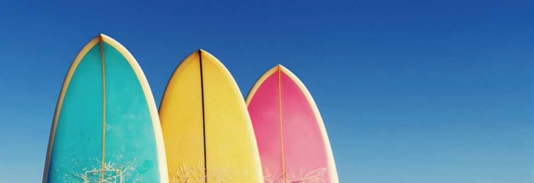 Three colorful surfboards stand upright against a clear blue sky. These boards represent fun ocean activities and summer holidays. They are ready for surfing adventure.
