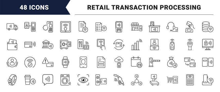 Contactless payment line icon set. Vector pictograms of retail, banking, transaction, and mobility elements, thin linear illustration.