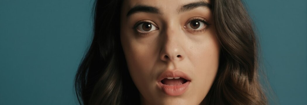 Close-up portrait of young woman with wide eyes and open mouth showing surprise. Her dark hair frames her face against a teal backdrop. This shot captures a strong facial expression of astonishment.