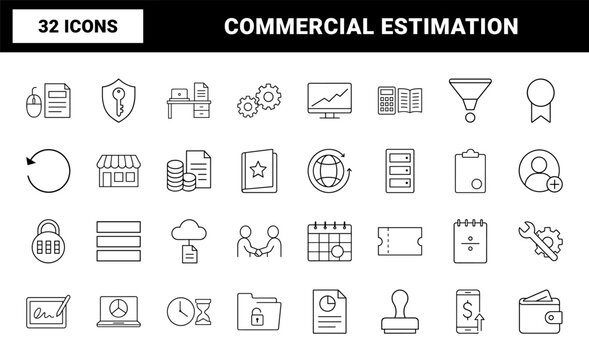 Business management line icon set. Vector pictograms of commercial, financial, analytical, and contractual elements, thin linear illustration.