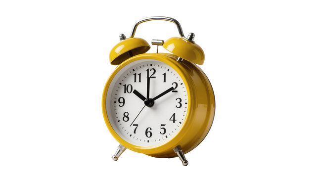 Isolated bright yellow alarm clock with shiny metallic bells, showing precise time on its dial