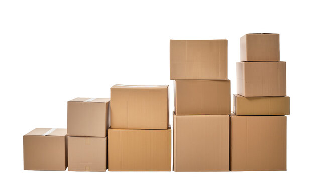 Isolated brown cardboard packaging boxes neatly stacked in ascending order for logistics