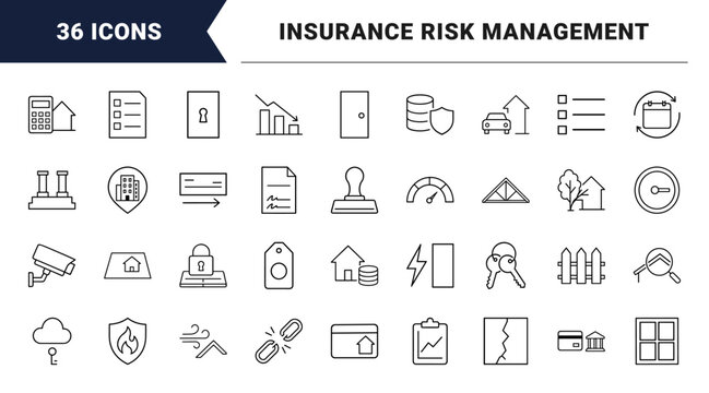 Property insurance line icon set. Vector pictograms of real estate, financial protection, risk management, and claims processing elements, thin linear illustration.