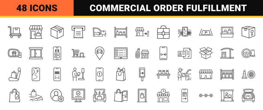 Curbside pickup line icon set. Vector pictograms of retail storefront, drive up order, package delivery, and customer parking elements, thin linear illustration.