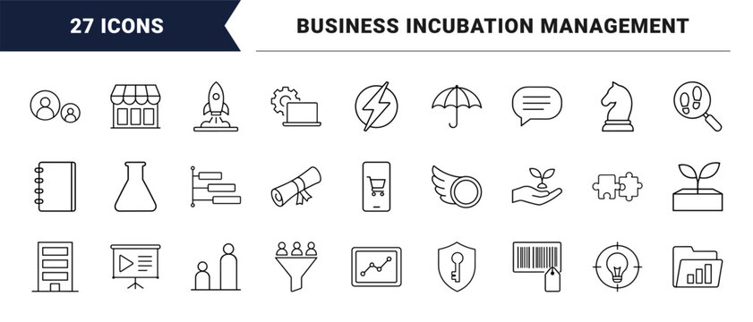 Startup accelerator line icon set. Vector pictograms of business investment, company launch, corporate incubation, and entrepreneurship elements, thin linear illustration.