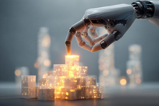 Futuristic robotic hand building a structure from glowing crystal blocks filled with digital data particles against a blurred technological city background
