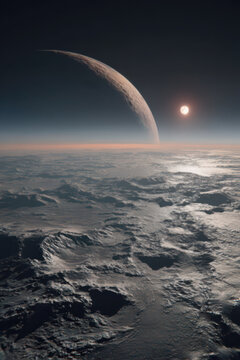 Space Art: Alien Planet - A Fantasy landscape of an alien moon with volcanoes and pock marked craters