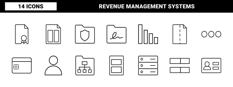 Commercial revenue management line icon set. Vector pictograms of sales quotation, contract billing, payment processing, and financial accounting elements, thin linear illustration.