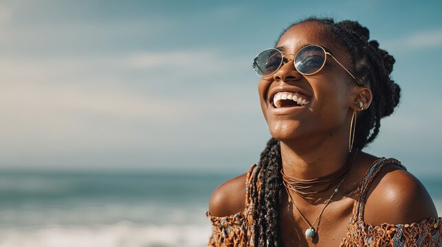 A happy black woman laughing and enjoying a sunny day at the beach with ocean waves