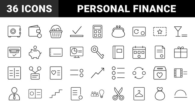 Household budget line icon set. Vector pictograms of personal finance, expense tracking, money saving, and financial planning elements, thin linear illustration.