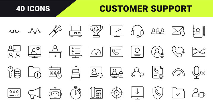 Customer service management line icon set. Vector pictograms of call center, operations, telemarketing, and performance elements, thin linear illustration.