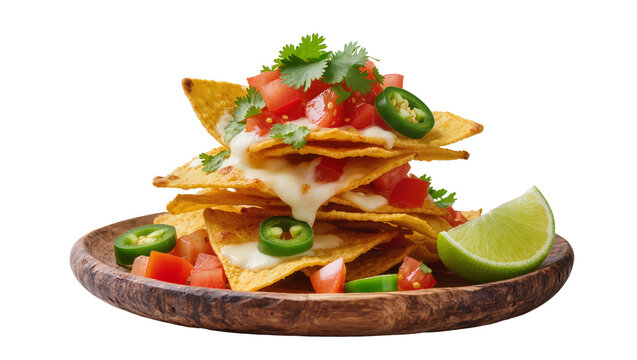 Isolated cheesy nachos with fresh tomatoes, jalape&ntilde;os, cilantro, and a lime wedge on wooden plate