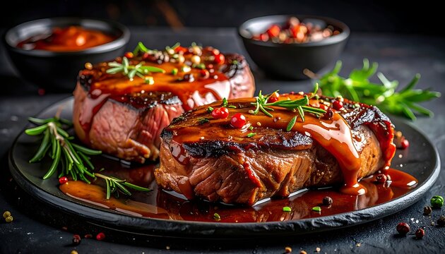 Grilled meat on a plate with sauce.