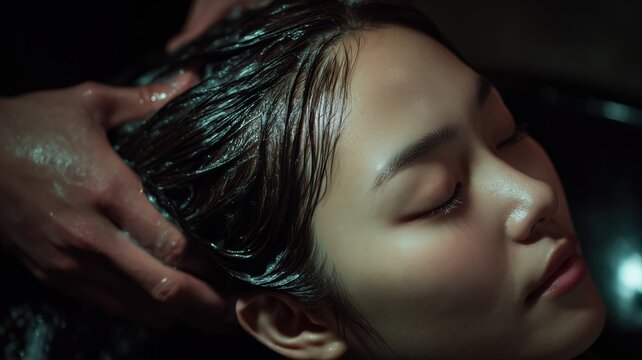 女性がヘアサロンでシャンプーされている様子。リラックスした美容シーンやヘアケアイメージに最適な素材