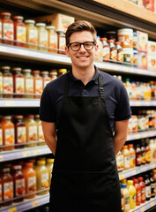 Naklejka premium Man wearing glasses and apron smiles in grocery store. He stands by shelves stocked with drinks. Employee works in supermarket with food products.