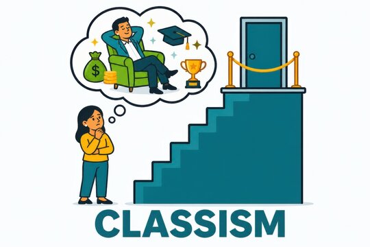 Classism concept illustration showing social inequality wealth disparity and exclusion with a divided path and success barrier