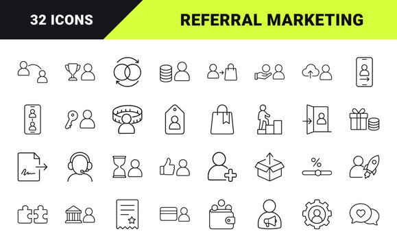 Referral marketing line icon set. Vector pictograms of affiliate campaign, customer loyalty, word of mouth, and ambassador bonus elements, thin linear illustration.