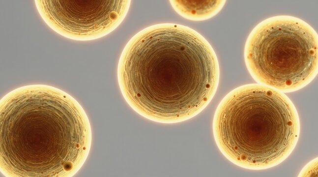 Microscopic view shows glowing yeast cells with internal structure. Cells appear as golden spheres with small bubbles floating around. Scientific research background for biology, fermentation themes.