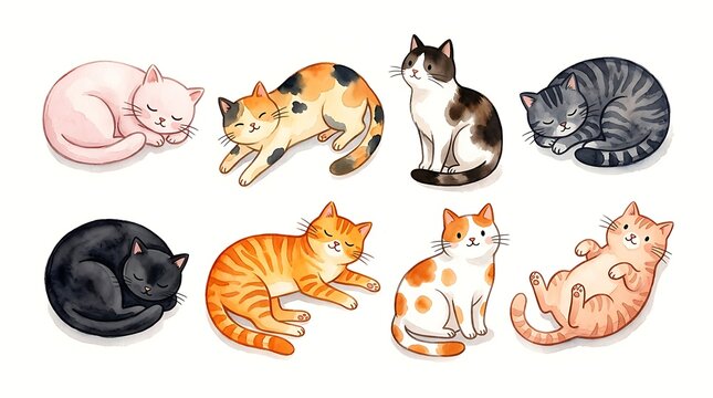 watercolor painting of sleeping cats various colors and patterns