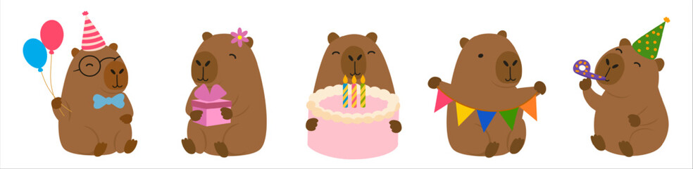 Obraz premium Cute birthday capybara party set with festive decorations.