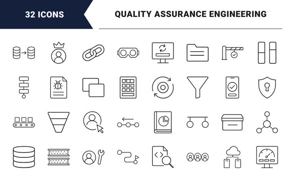Quality assurance business line icon set. Vector pictograms of software testing, defect tracking, test automation, and quality compliance elements, thin linear illustration.