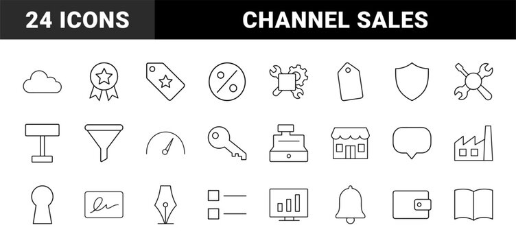 Channel sales line icon set. Vector pictograms of distribution, partnership, retail, and commerce elements, thin linear illustration.