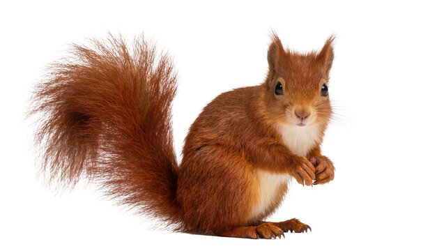 Isolated fluffy red squirrel standing upright, looking directly at viewer with charming expression