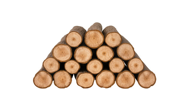Isolated stack of freshly cut firewood logs, showing natural wood grain and annual rings