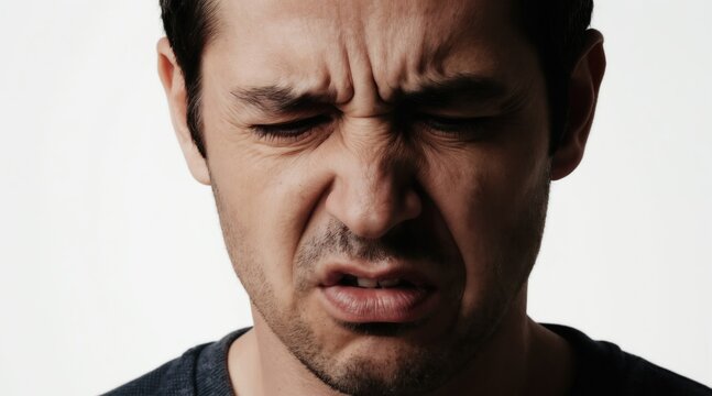Man grimaces with wrinkled nose, furrowed brow, showing distaste or disgust. His expression is negative unhappy, annoyed, conveying bad attitude, displeasure. Mood is clearly upset, frustrated.