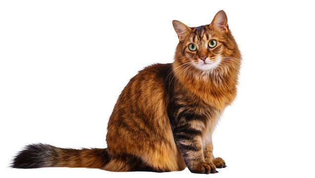 Isolated beautiful fluffy long-haired tabby cat with vibrant green eyes sitting attentively
