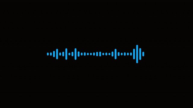 Animated blue audio equalizer spectrum analyzer with vertical bars reacting to voice and music on black background, element of multimedia projects