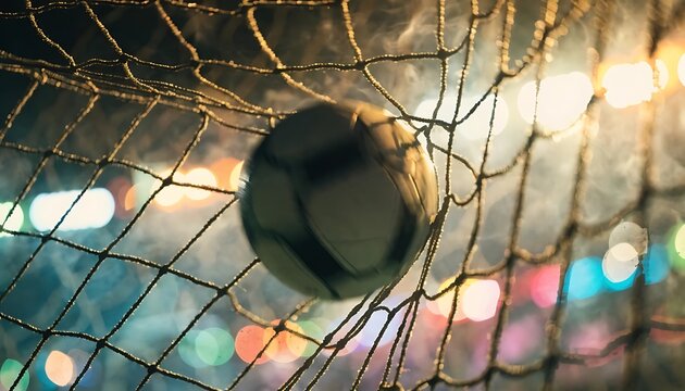 A cinematic close-up of a soccer ball entangled in the goal mesh mid-strike, with glowing arena lights diffused into colorful halos behind, emphasizing energy, movement, and decisive moment of a match