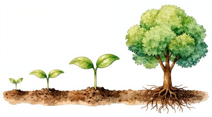 Obraz premium Young plants sprout, grow into mature tree with roots in soil. Watercolor illustration shows stages of plant development from seed to full foliage. Natural progression from seedling to large green