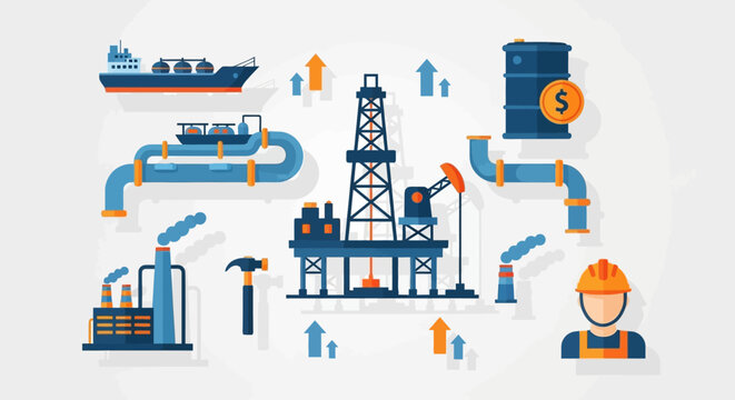 Oil Industry Concept: Drilling Rig, Ship, Pipeline, Refinery, Worker