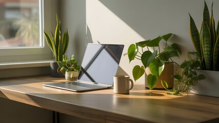 Fototapeta premium Laptop coffee mug and potted plants on a wooden desk in a sunlit room