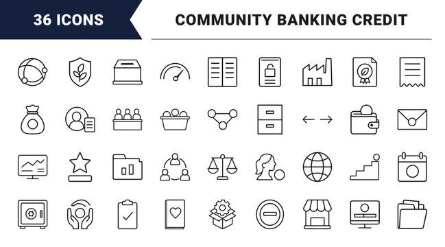 Microfinance services line icon set. Vector pictograms of banking, credit, lending, and investment elements, thin linear illustration.