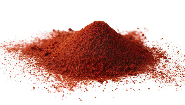 Isolated vibrant red powder mound and scattered fine particles, perfect for spice or pigment