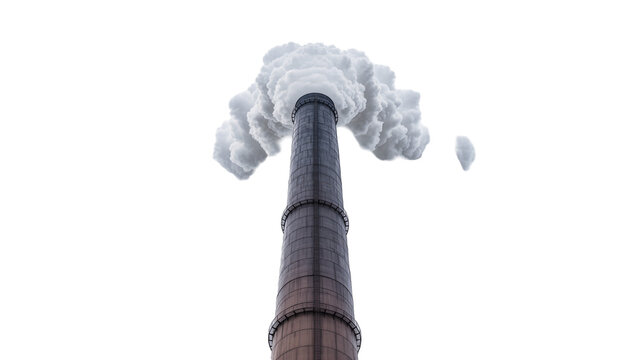 Isolated towering factory chimney spewing dense white smoke, representing air pollution impact