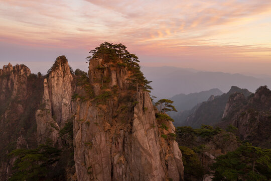 Beautiful pink sunset in the mountains of China