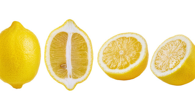 Isolated fresh whole lemon and various vibrant yellow citrus fruit halves and slices