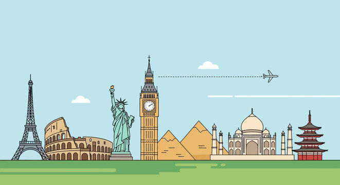 Famous World Landmarks Skyline Travel Flat Design